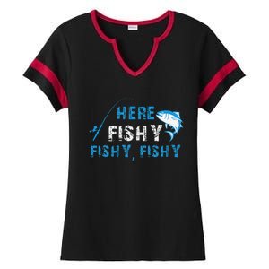 Funny Fisherman Here Fishy Fishing Ladies Halftime Notch Neck Tee