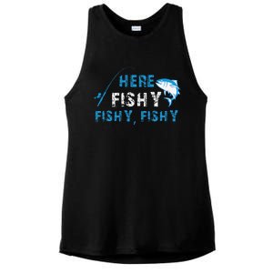 Funny Fisherman Here Fishy Fishing Ladies PosiCharge Tri-Blend Wicking Tank