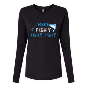 Funny Fisherman Here Fishy Fishing Womens Cotton Relaxed Long Sleeve T-Shirt