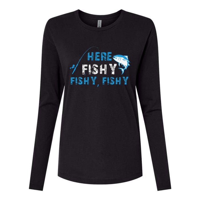 Funny Fisherman Here Fishy Fishing Womens Cotton Relaxed Long Sleeve T-Shirt