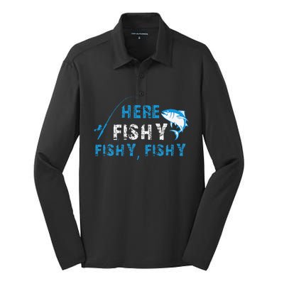 Funny Fisherman Here Fishy Fishing Silk Touch Performance Long Sleeve Polo