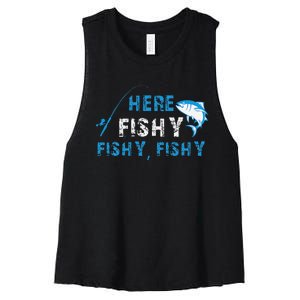 Funny Fisherman Here Fishy Fishing Women's Racerback Cropped Tank