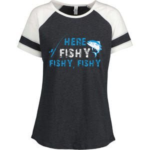 Funny Fisherman Here Fishy Fishing Enza Ladies Jersey Colorblock Tee