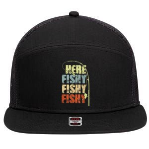 Funny Fishing Herefishy Graphic 7 Panel Mesh Trucker Snapback Hat