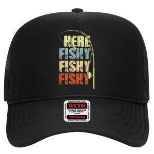 Funny Fishing Herefishy Graphic High Crown Mesh Back Trucker Hat