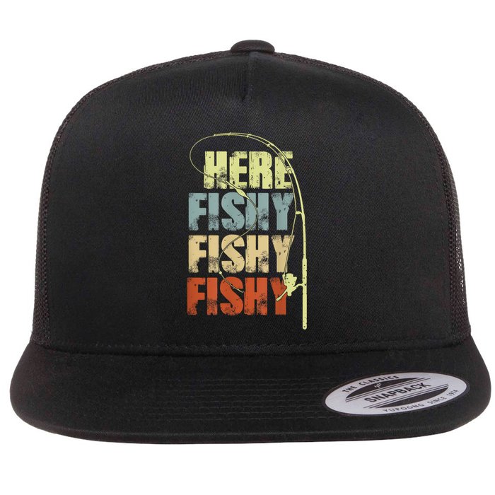 Funny Fishing Herefishy Graphic Flat Bill Trucker Hat