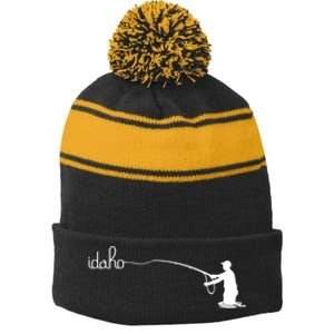 Fly Fish Idaho With White Text Trout Fishing Stripe Pom Pom Beanie