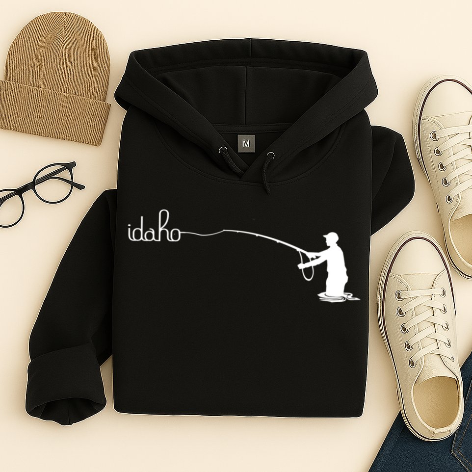 Fly Fish Idaho With White Text Trout Fishing Hoodie