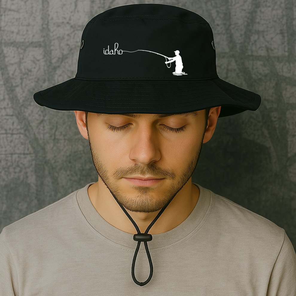 Fly Fish Idaho With White Text Trout Fishing Bucket Hat