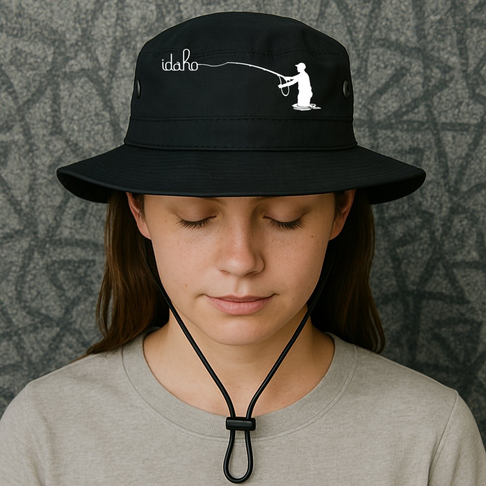 Fly Fish Idaho With White Text Trout Fishing Bucket Hat