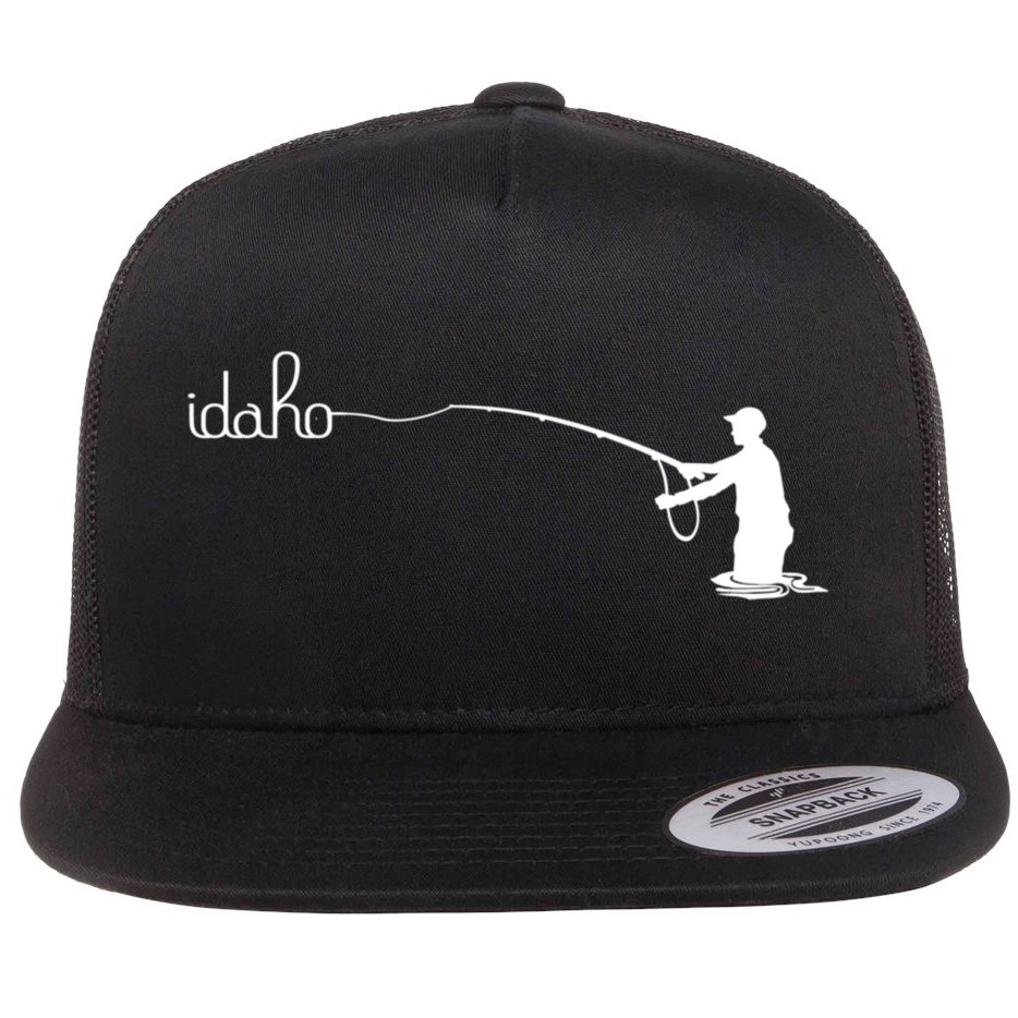 Fly Fish Idaho With White Text Trout Fishing Flat Bill Trucker Hat