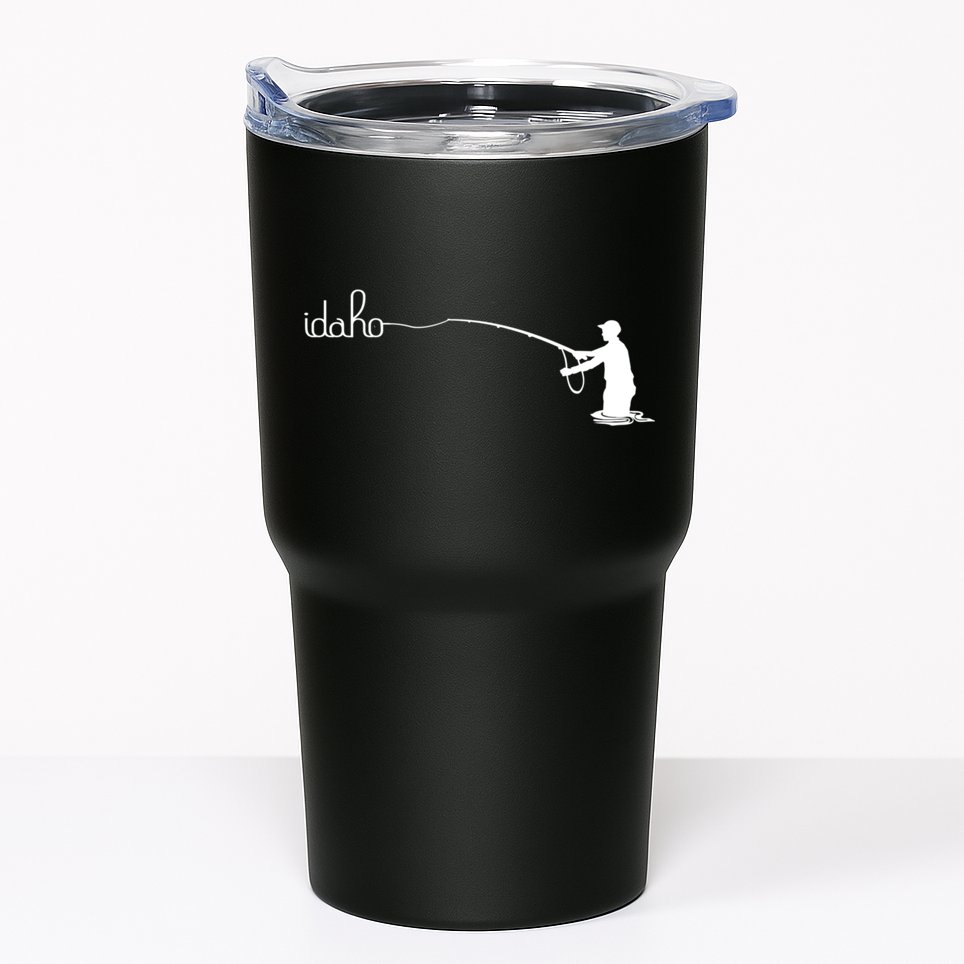 Fly Fish Idaho With White Text Trout Fishing Tumbler