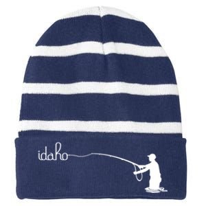 Fly Fish Idaho With White Text Trout Fishing Striped Beanie with Solid Band