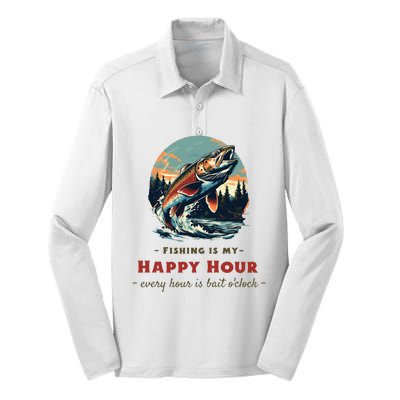 Funny Fishing Is My Happy Hour Silk Touch Performance Long Sleeve Polo