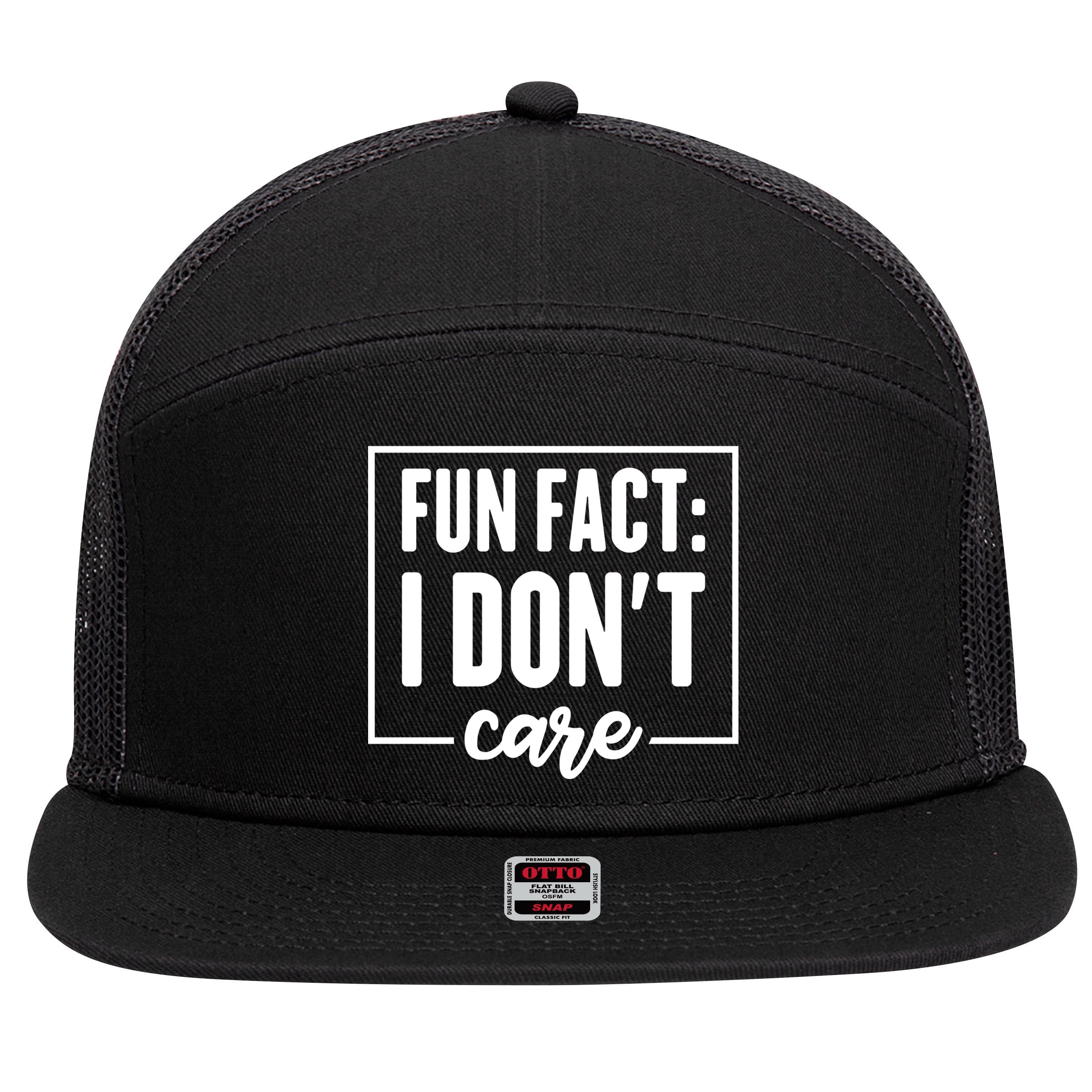 Fun Fact I Don't Care 7 Panel Mesh Trucker Snapback Hat