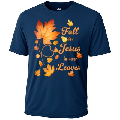 Fall For Jesus He Never Leave Beautiful Fall Leaves Cooling Performance Crew T-Shirt
