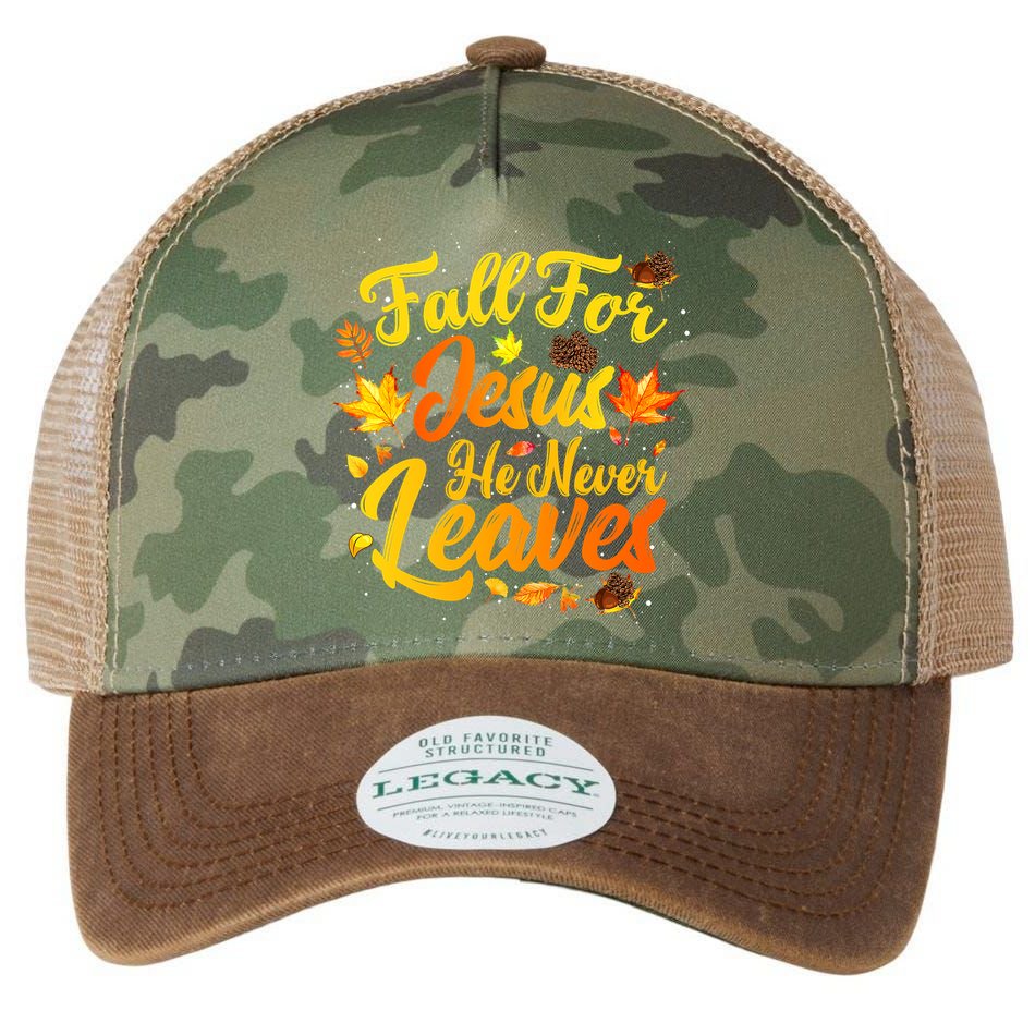 Fall For Jesus He Never Leaves Funny Fall Autumn Christian Legacy Tie Dye Trucker Hat