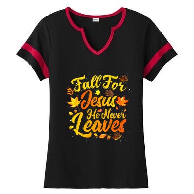 Fall For Jesus He Never Leaves Funny Fall Autumn Christian Ladies Halftime Notch Neck Tee