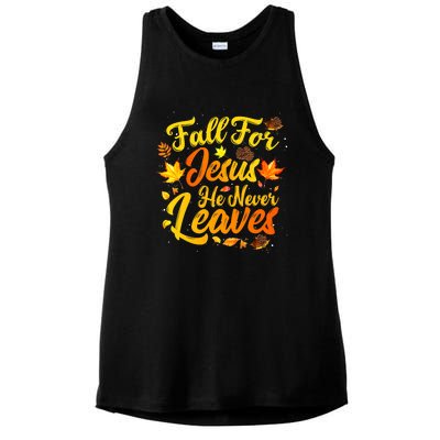 Fall For Jesus He Never Leaves Funny Fall Autumn Christian Ladies PosiCharge Tri-Blend Wicking Tank