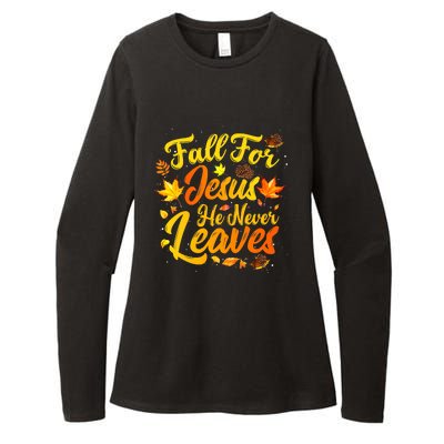 Fall For Jesus He Never Leaves Funny Fall Autumn Christian Womens CVC Long Sleeve Shirt