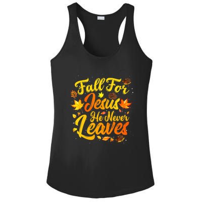 Fall For Jesus He Never Leaves Funny Fall Autumn Christian Ladies PosiCharge Competitor Racerback Tank