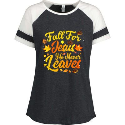 Fall For Jesus He Never Leaves Funny Fall Autumn Christian Enza Ladies Jersey Colorblock Tee