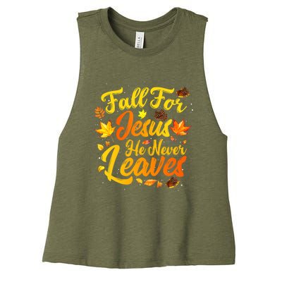 Fall For Jesus He Never Leaves Funny Fall Autumn Christian Women's Racerback Cropped Tank