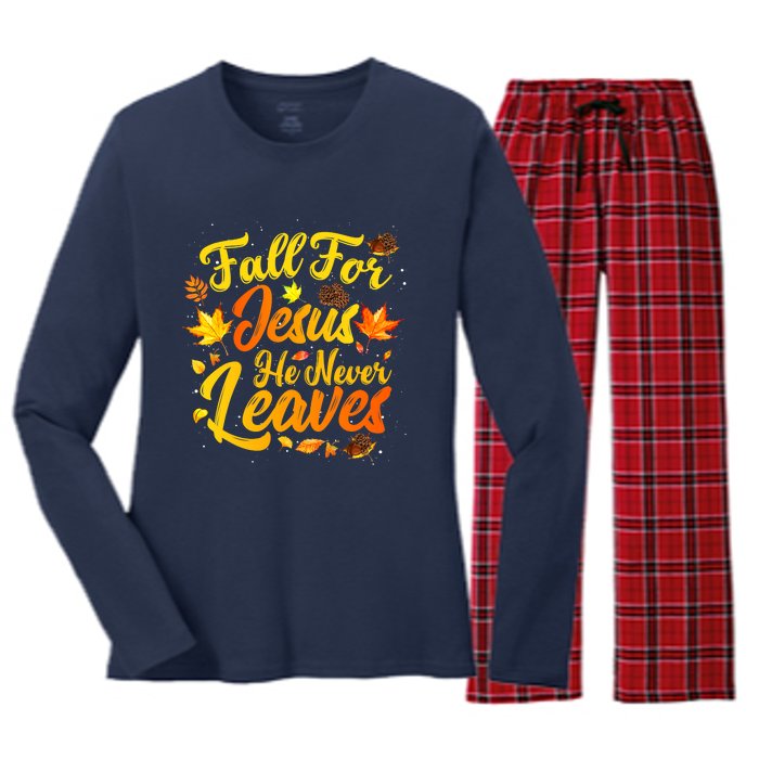 Fall For Jesus He Never Leaves Funny Fall Autumn Christian Women's Long Sleeve Flannel Pajama Set 