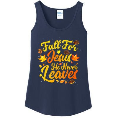 Fall For Jesus He Never Leaves Funny Fall Autumn Christian Ladies Essential Tank