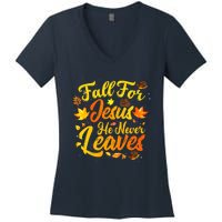 Fall For Jesus He Never Leaves Funny Fall Autumn Christian Women's V-Neck T-Shirt