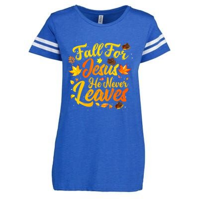 Fall For Jesus He Never Leaves Funny Fall Autumn Christian Enza Ladies Jersey Football T-Shirt