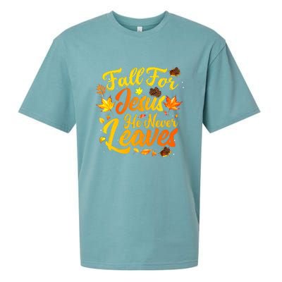 Fall For Jesus He Never Leaves Funny Fall Autumn Christian Sueded Cloud Jersey T-Shirt