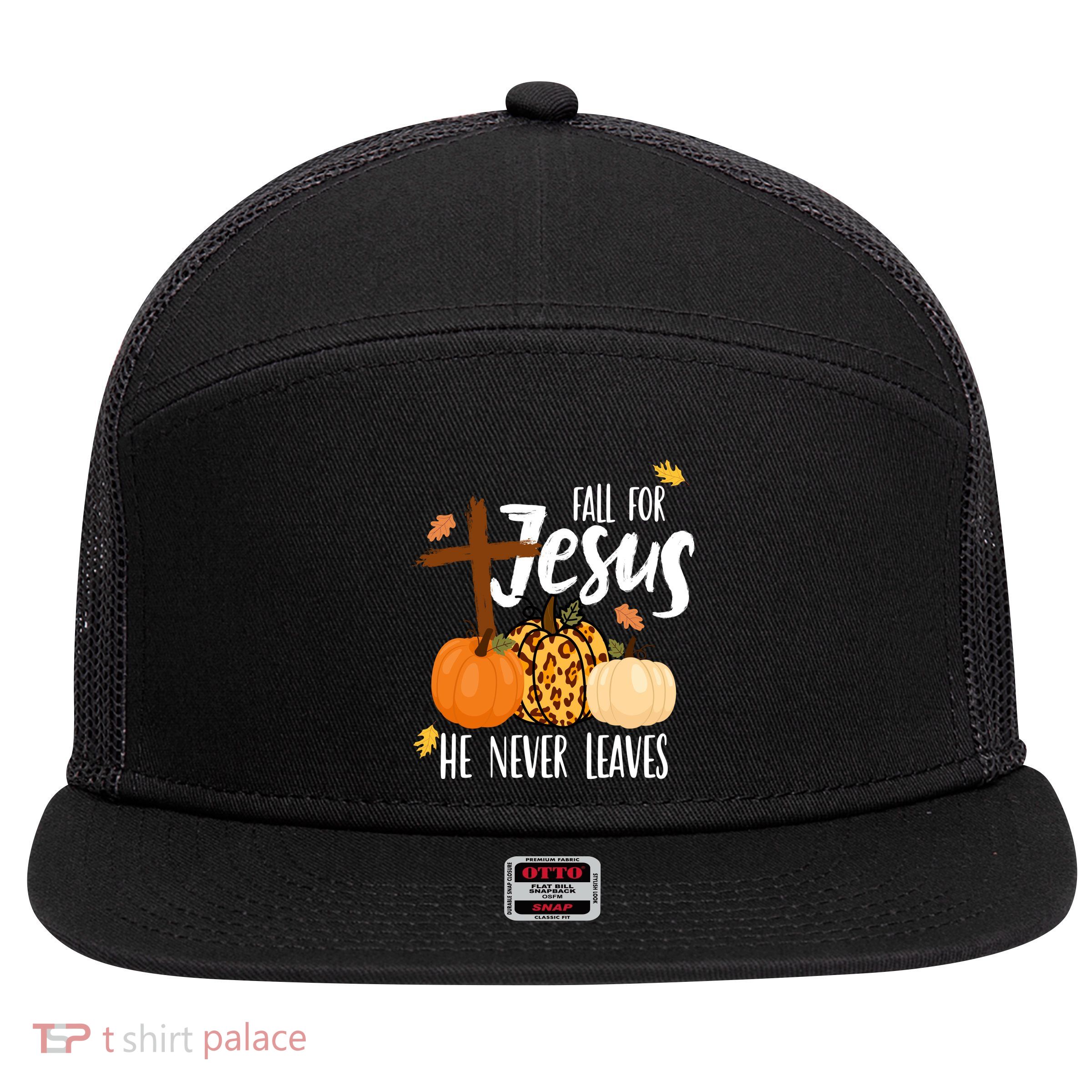 Fall For Jesus He Never Leaves Cross Pumpkin 7 Panel Mesh Trucker Snapback Hat