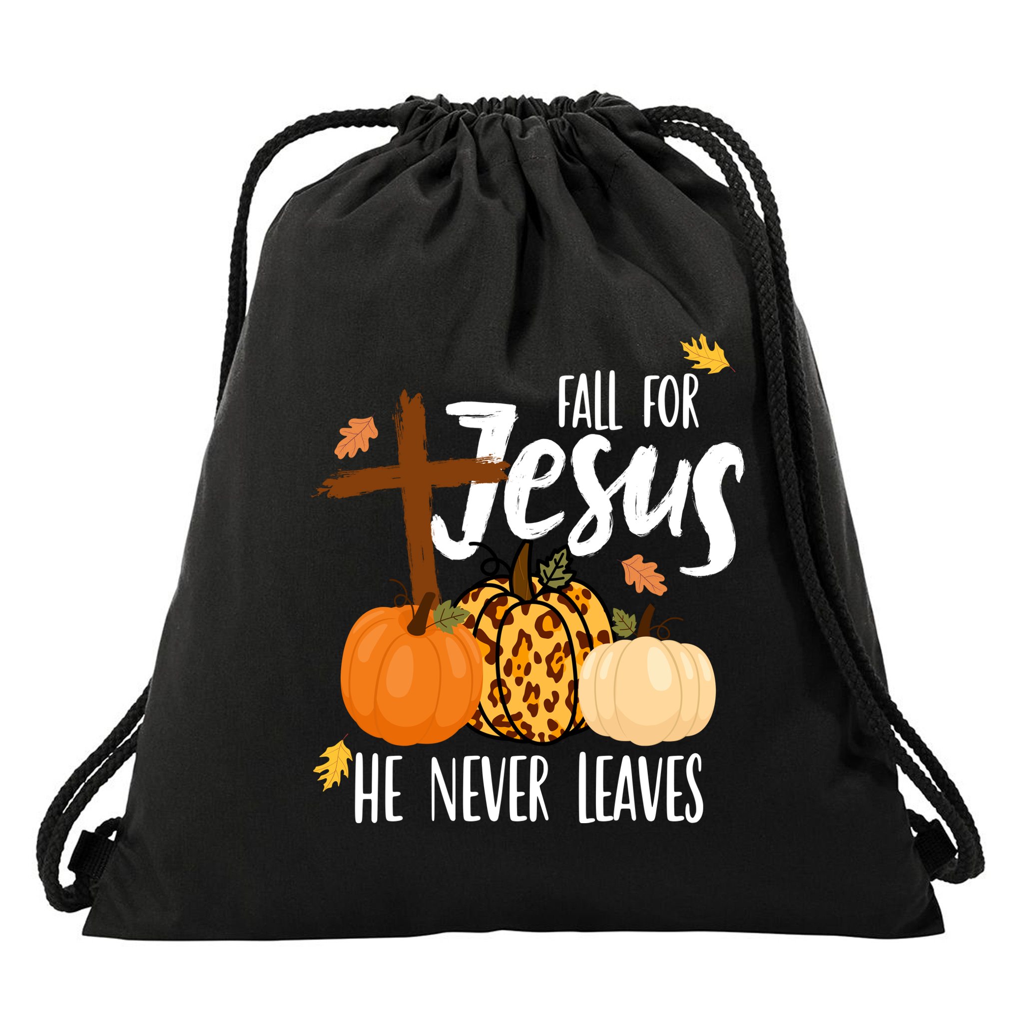 Fall For Jesus He Never Leaves Cross Pumpkin Drawstring Bag