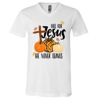 Fall For Jesus He Never Leaves Cross Pumpkin V-Neck T-Shirt