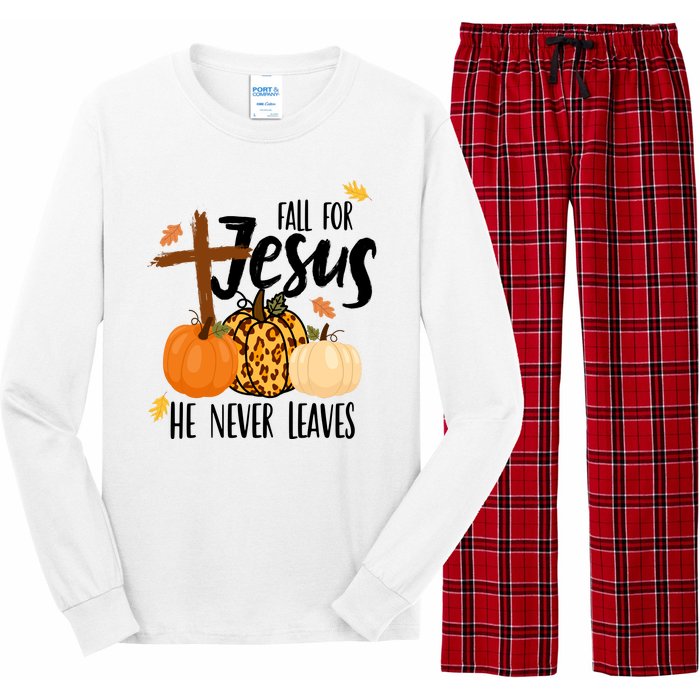 Fall For Jesus He Never Leaves Cross Pumpkin Long Sleeve Pajama Set