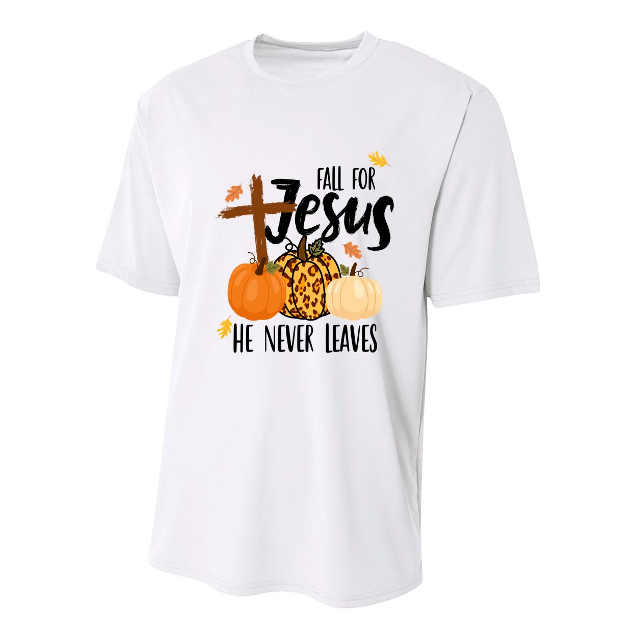 Fall For Jesus He Never Leaves Cross Pumpkin Youth Performance Sprint T-Shirt