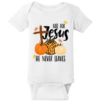 Fall For Jesus He Never Leaves Cross Pumpkin Baby Bodysuit