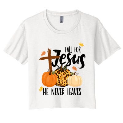 Fall For Jesus He Never Leaves Cross Pumpkin Women's Crop Top Tee