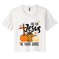 Fall For Jesus He Never Leaves Cross Pumpkin Women's Crop Top Tee