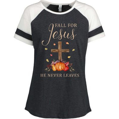 Fall For Jesus He Never Leaves Autumn Thanksgiving Enza Ladies Jersey Colorblock Tee