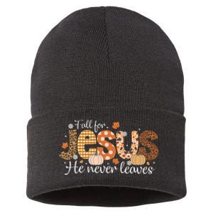 Fall For Jesus He Never Leaves Christian Thanksgiving Sustainable Knit Beanie