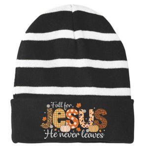 Fall For Jesus He Never Leaves Christian Thanksgiving Striped Beanie with Solid Band