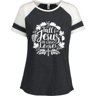 Fall For Jesus He Never Leaves Autumn Christian Thanksgiving Enza Ladies Jersey Colorblock Tee