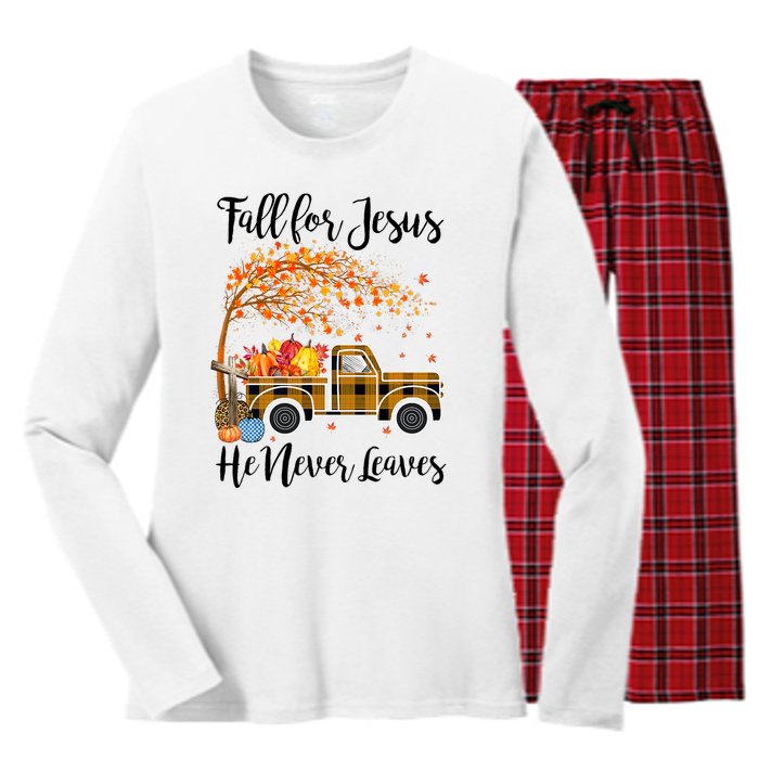 Fall For Jesus He Never Leaves Thanksgiving Gifts Women's Long Sleeve Flannel Pajama Set 