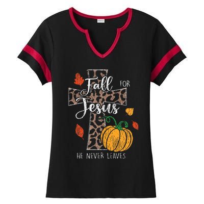 Fall For Jesus He Never Leave Pumpkin Thanksgiving Christian Ladies Halftime Notch Neck Tee