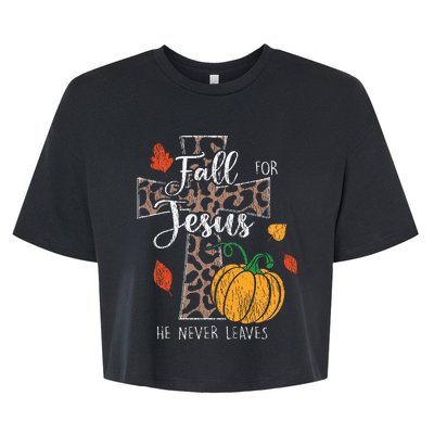 Fall For Jesus He Never Leave Pumpkin Thanksgiving Christian Bella+Canvas Jersey Crop Tee