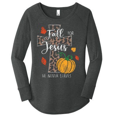 Fall For Jesus He Never Leave Pumpkin Thanksgiving Christian Women's Perfect Tri Tunic Long Sleeve Shirt