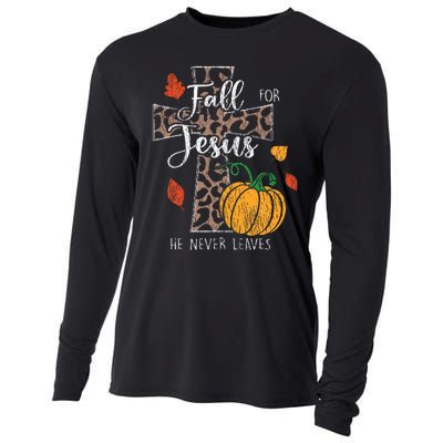 Fall For Jesus He Never Leave Pumpkin Thanksgiving Christian Cooling Performance Long Sleeve Crew