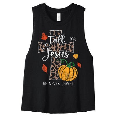 Fall For Jesus He Never Leave Pumpkin Thanksgiving Christian Women's Racerback Cropped Tank